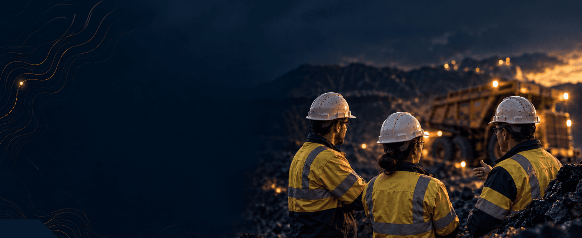 Three mine workers in hi-vis talking at a site at dusk