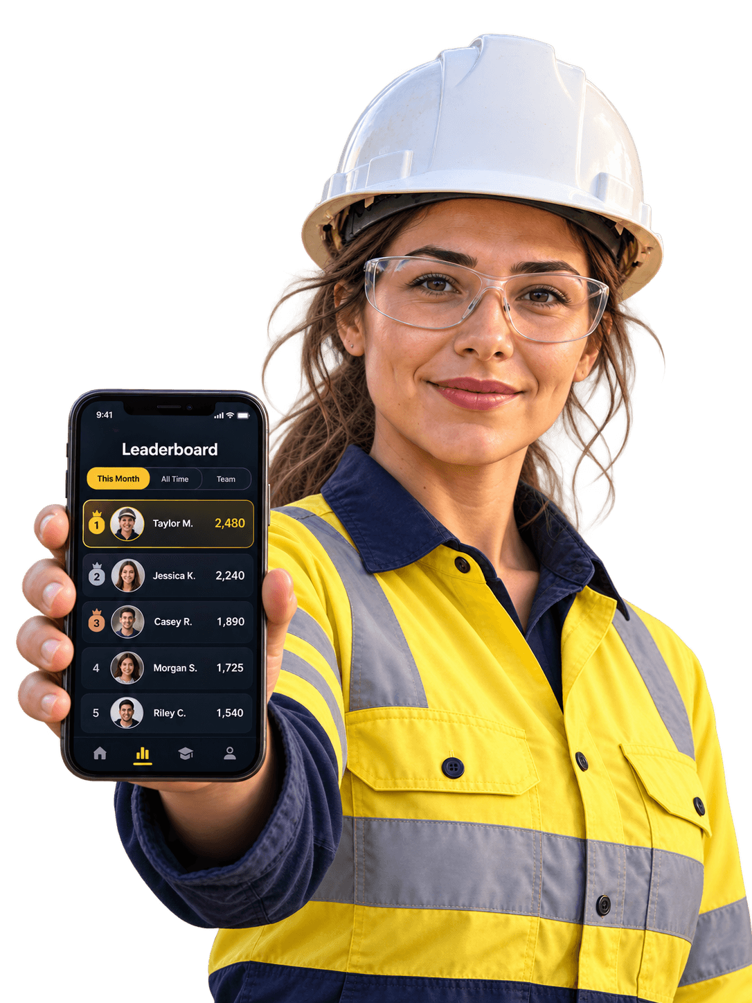 Trainee showing the MineWise leaderboard on her phone